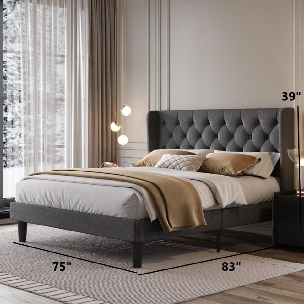 Image of Wooden Modern Upholstered King Size Bed for Bedroom | Wooden Double Bed Without Storage | Platform Cot Upholstered Bed with Upholstery Fabric | Engineered Wood | 6.5 x 6 Ft | Grey Kaizen