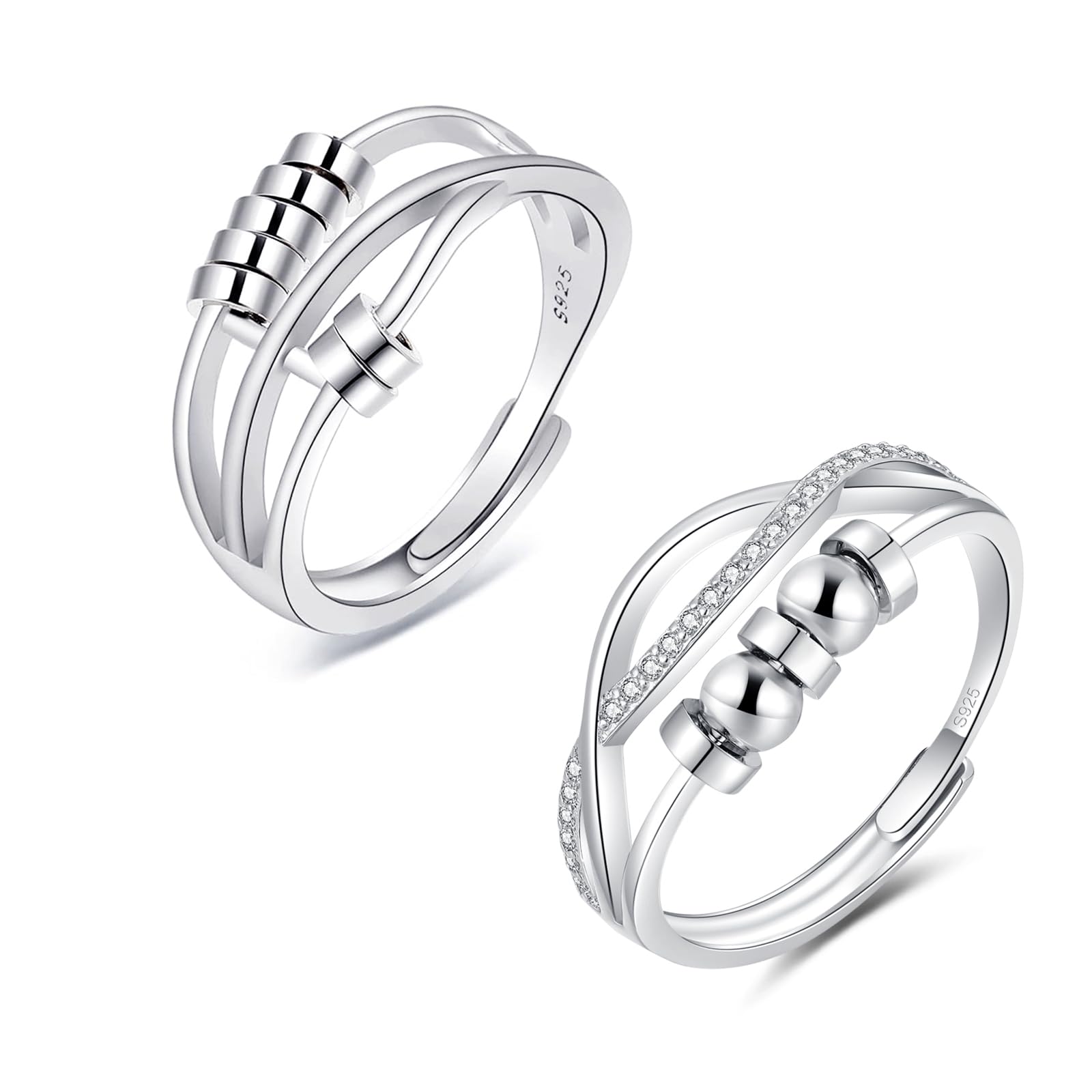 Zolkamery Silber Anxiety Ring, 925 Sterling Silber Damen Angst Ring mit Zirkonia, Offen Einstellbar Anti Stress Stimmungsring, Spinner Fidget Ring mit Perlen, 2PCS Unisex Stressringe für Frau Herren