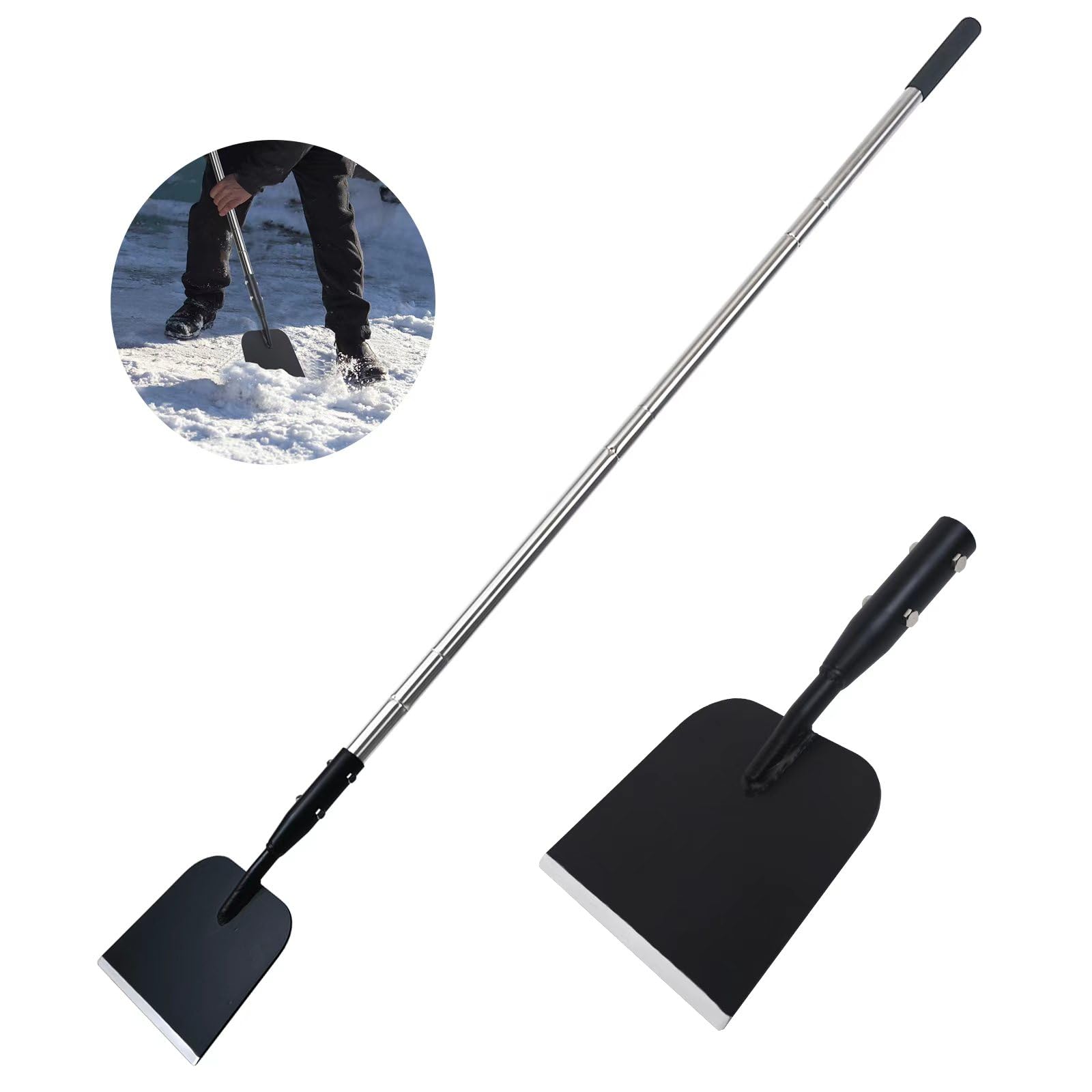 BARAYSTUS Pelle de jardin multifonction en acier au carbone, grattoir à glace avec poignée réglable pour lutter contre les mauvaises herbes, la glace dure et la neige gelée sur les trottoirs et les
