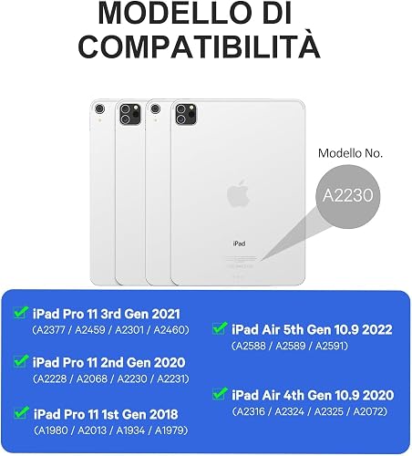 CHESONA Clavier pour iPad Air 11 M3 2025/M2 2024&Pro 11 (4/3/2/1 génération) avec pavé tactile, clavier amovible pour iPad Air 5/Air 4 Gen. 10,9", 2 canaux BT, italien, QWERTY, noir - 2