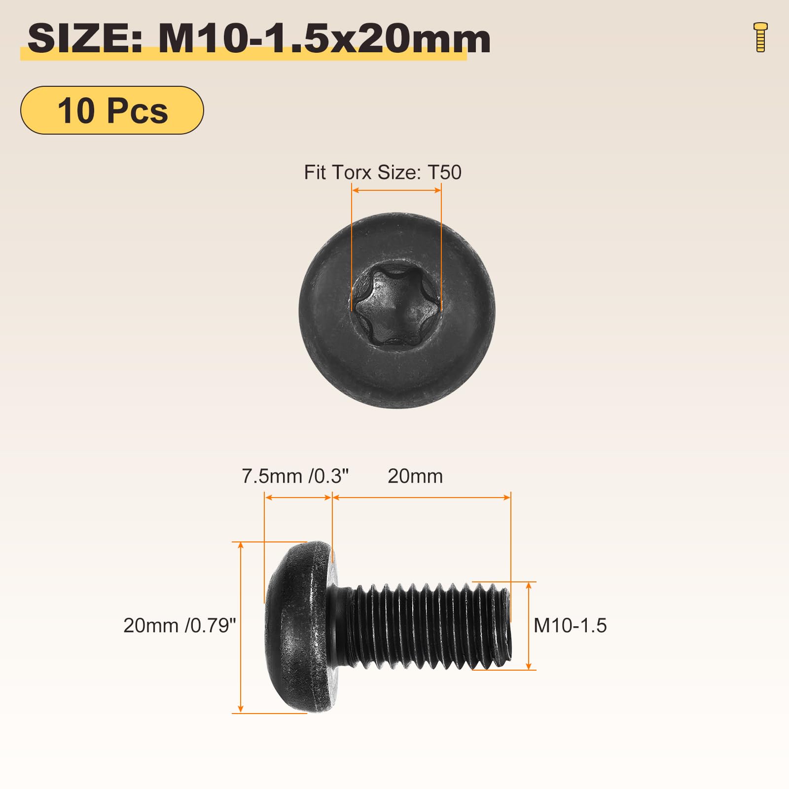 METALLIXITY Pan Head Torx Security Screws Bolts (M10-1.5x20mm) 10Pcs, Button Torx Head Machine Screws Carbon steel - Image 2