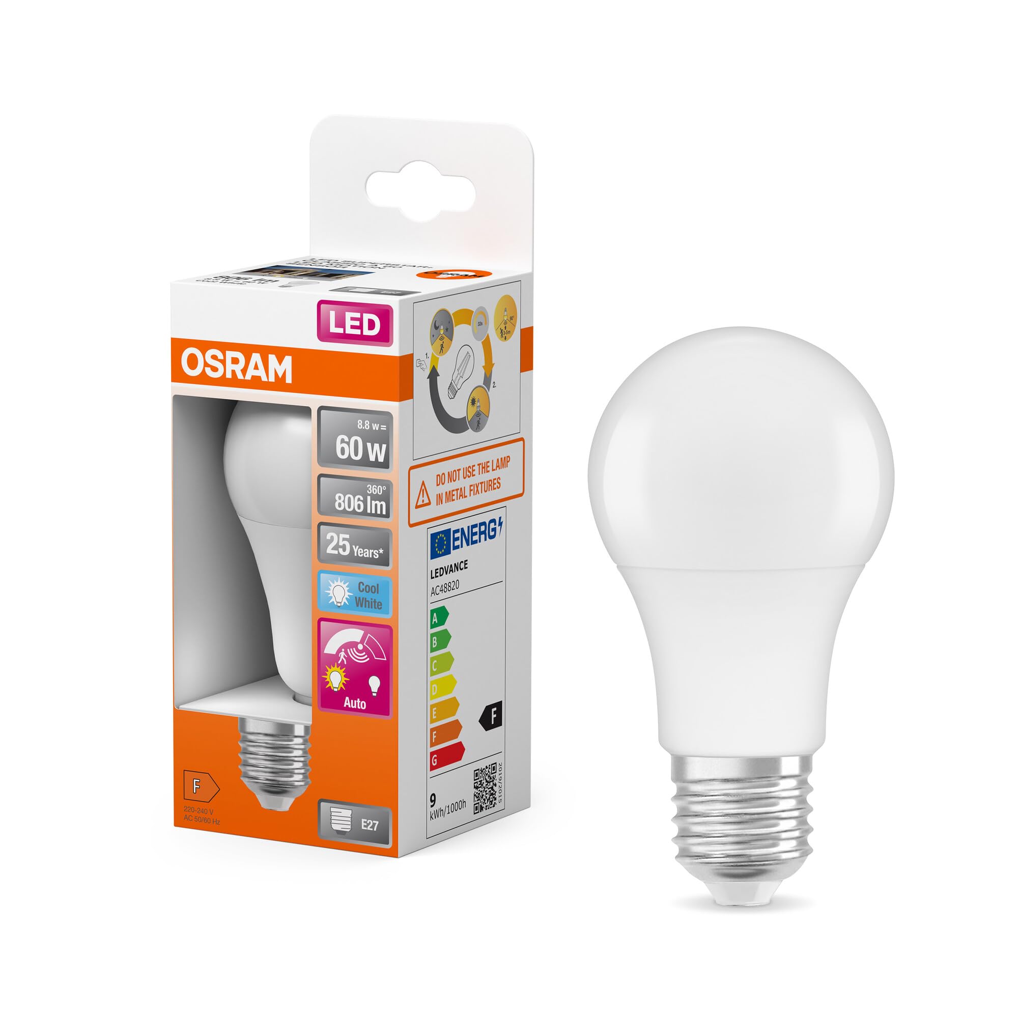 Osram LED CLASSIC A MOTION & DAYLIGHT SENSOR in A-Form, LED-Lampe, Matt, 8,8 W, 806 lm, 4000 K, CRI 80