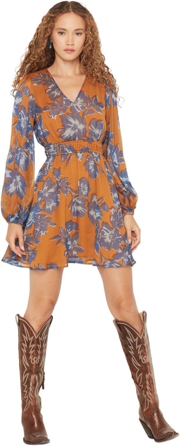 Shyanne Women's Floral Print Long Sleeve Chiffon Mini Dress - SWFA25D3-PECN Medium US