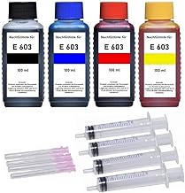 Ink Cartridge Refill Set - 4 x 100 ml Premium Refill Ink and Accessories Compatible with Epson 603, E 603 XL Black, Cyan, Magenta, Yellow