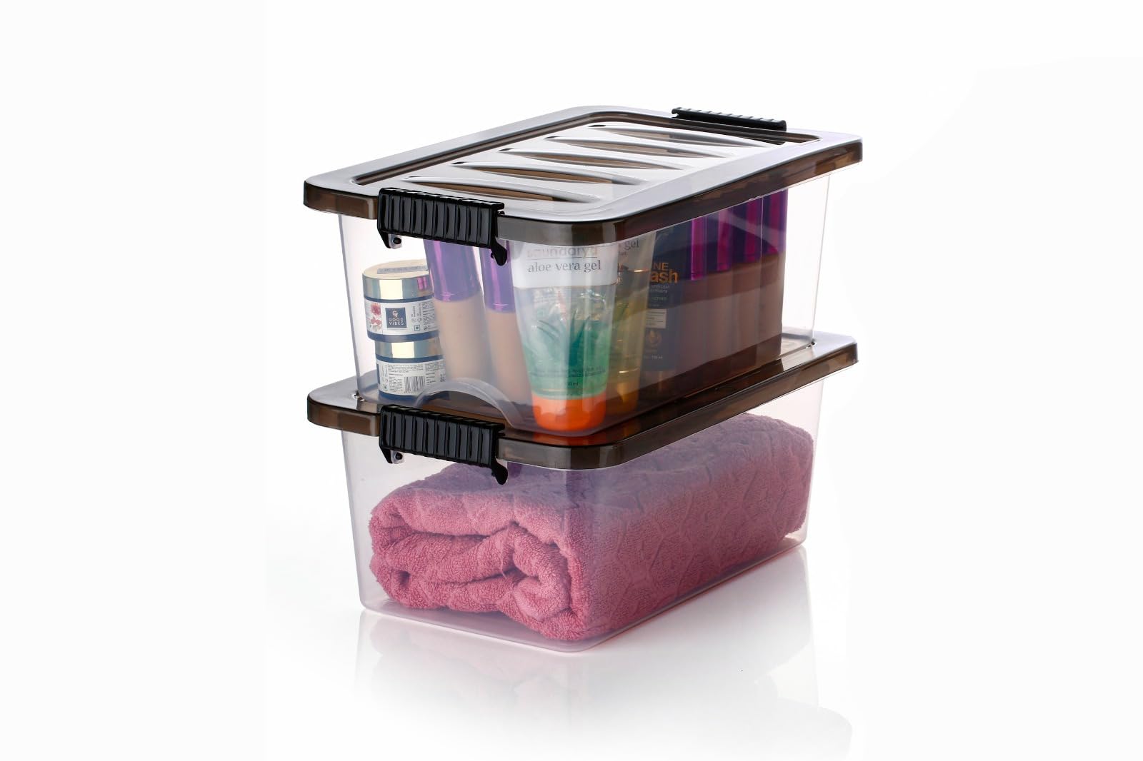 Xmart India 10L Plastic Storage Box with Lid & Handles | Stackable Transparent Storage Container Wardrobe Organizer |Storgae Organizer Basket for Wardrobe, Bathroom & Home Storage Organiser (2, Black)-image-24