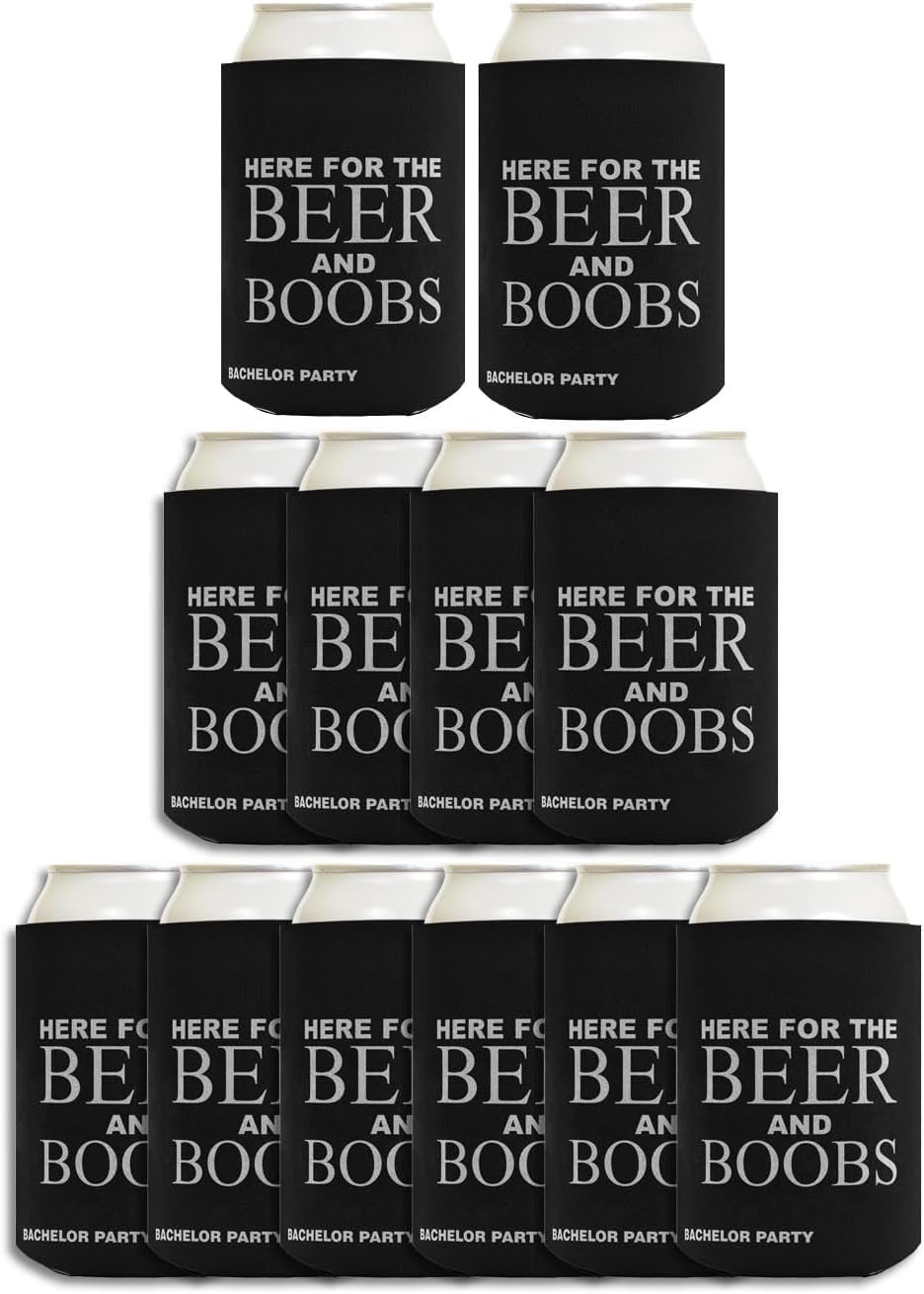 Funny Can Cooler Bachelor Party Here for Beer and Boobs Gag Gift Wedding Party 12-Pack Can Drink Thermocoolers