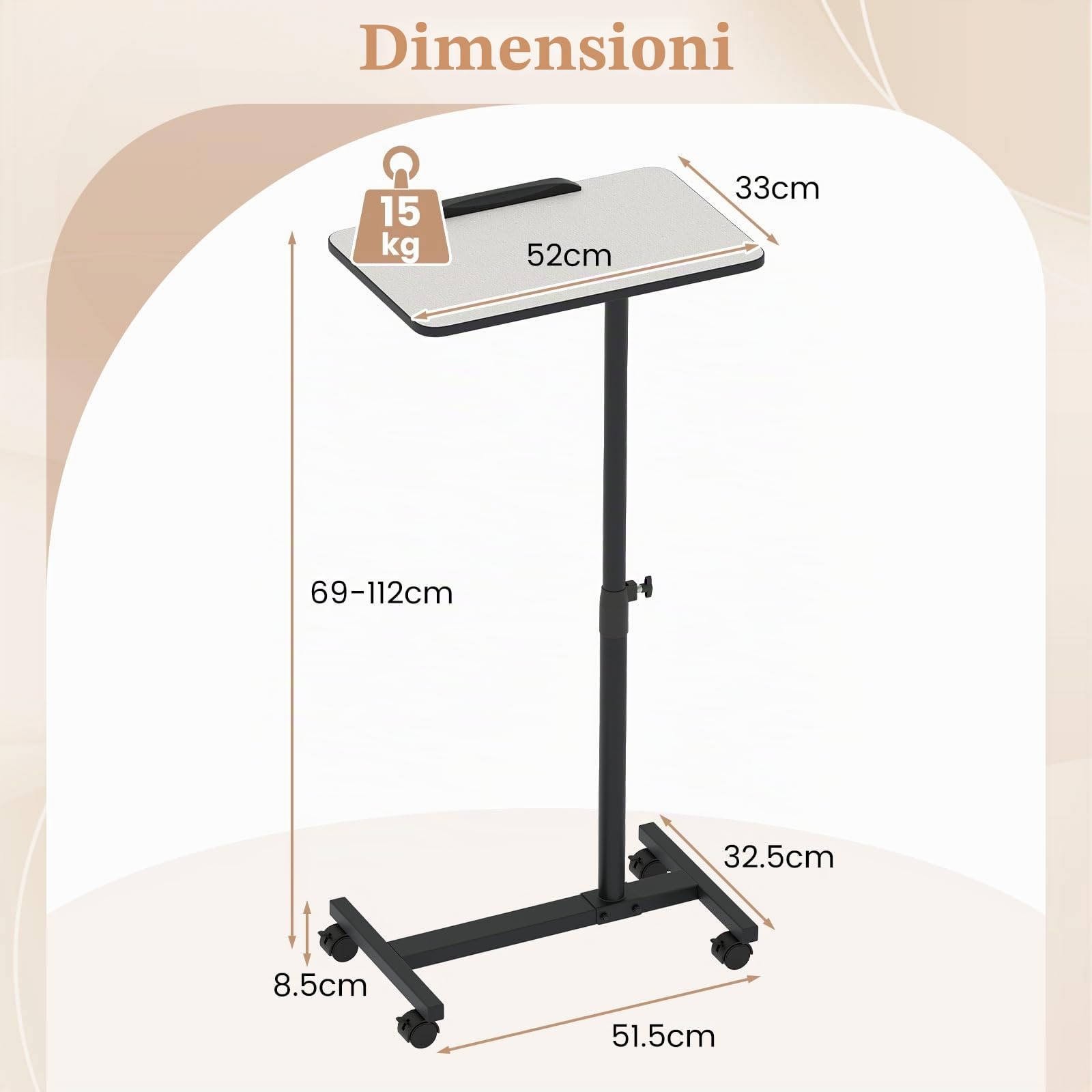 LIFEZEAL Tavolino da Letto, Divano per Mangiare, Porta PC, Tavolo Laterale Servitore, Altezza Regolabile, Piano Inclinabile e Girevole, con Ruote, Barra Anticaduta, per Anziani, Disabili, Grigio