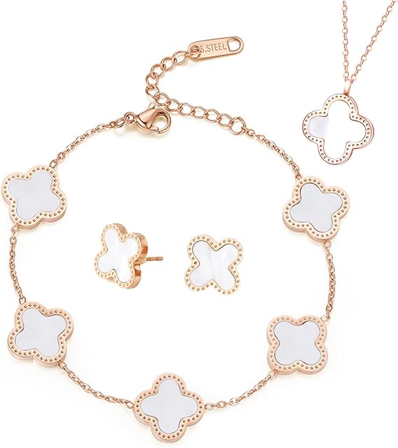 ESTART Four-Leaf Clover Jewelry Set, Gold Plated Titanium Steel Necklace Stud Earrings Bracelet Dainty Enamel Jewelry Set for Teen Girls Women with Jewelry Box