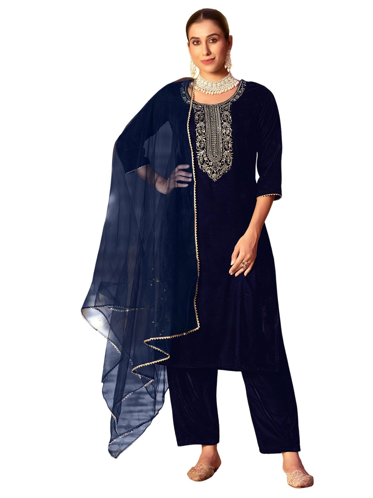 Sanisa Women's Velvet Sequins Embroidery Straight Kurta With Pant And Dupatta Set (224Kbd2372N-L_Navy Blue)