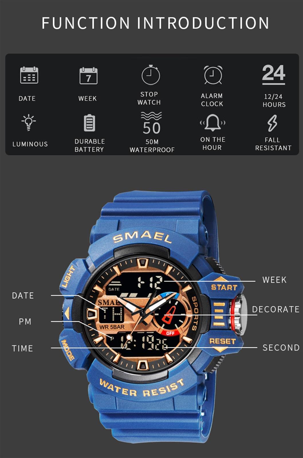 Relojes Deportivos para Hombre Resistente Al Agua Digital Militares Relojes Multifuncional Militar Reloj para Hombre