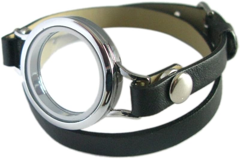 Generic 30mm Clear Round Watch Locket with 8mm Black PU Leather Wrap Bracelet Living Memory Floating Charms Pack of 1 (Twist Threaded Plain Clear Locket with Black wrap)