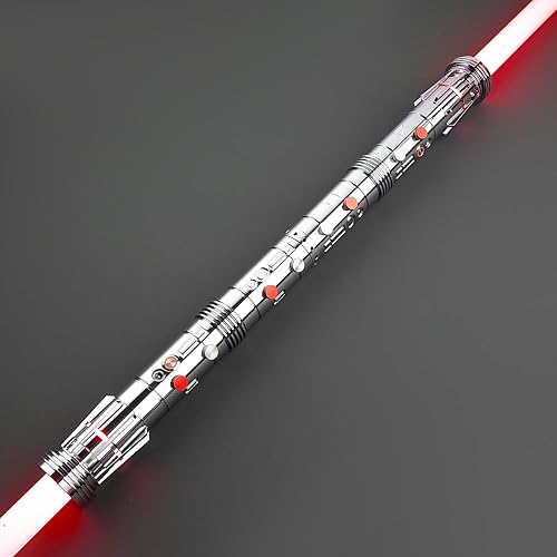 DM - Sable de luz de doble hoja para adultos  Espada de sable de metal plateado realista  LED RGB con 12 colores preestablecidos y sonidos de giro