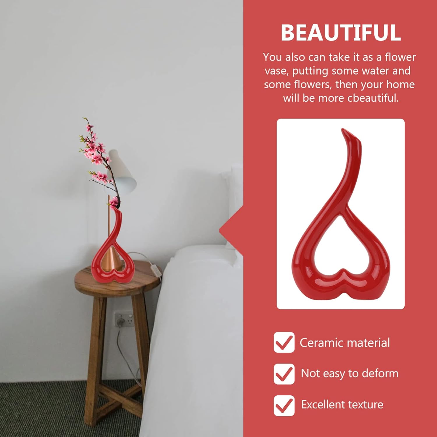 Sewroro Heart-Shaped Flower Ornament Red Ceramic Desktop Decoration Flower Vase for Home Decor