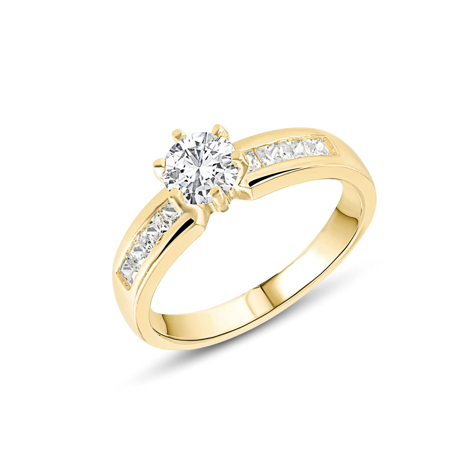 Solitärring mit Seitensteinen für Damen aus 925er Silber, 18 Karat vergoldet -, Silber, Gold