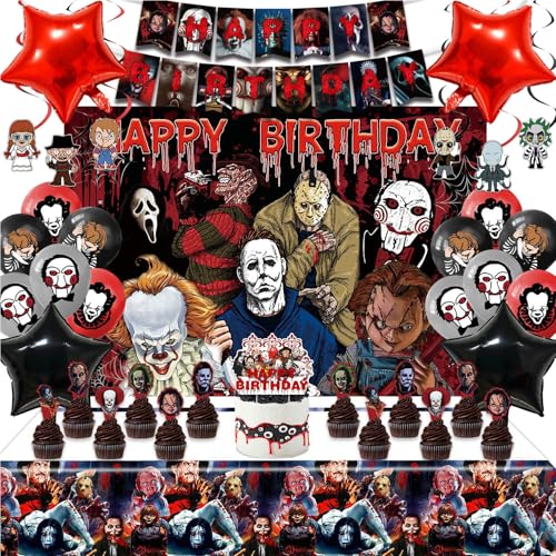 Taeku Horror Birthday Party Decorations 50 Pcs Halloween Theme Kit with Banner Balloons Cake Toppers Backdrop & Tablecloth Scary Party Supplies for Kids & Adults