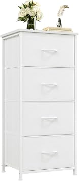 Somdot Chest of Drawers for Bedroom with 4 Fabric Drawers, Bedside Storage Cabinet for Kids Dorm Living Room Closet Wardrobe Laundry Entryway Hallway, White Leather