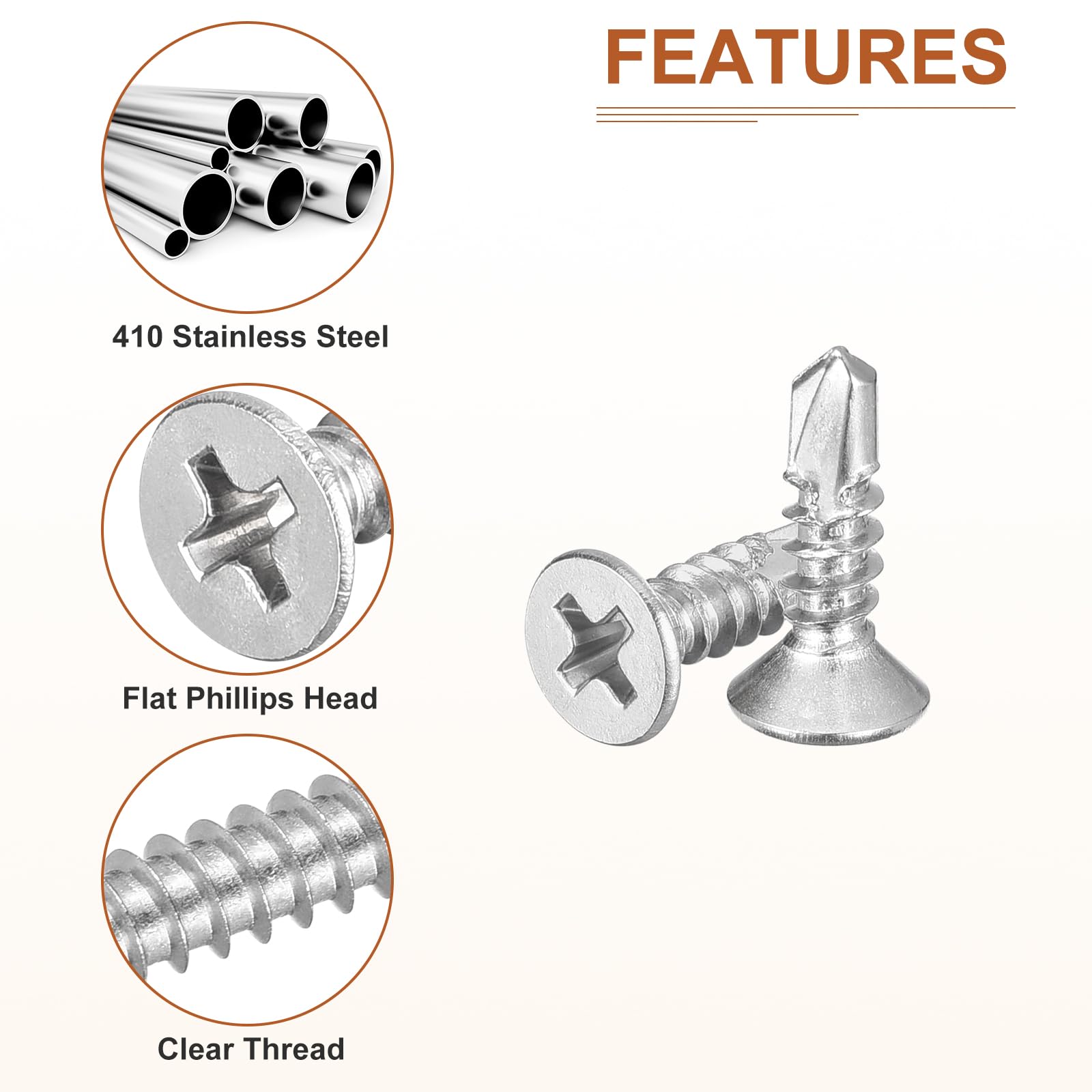 DTGN 100Pcs ST4.2x16mm Self Drilling Screws, 410 Stainless Steel Flat Head Phillips Sheet Metal Screw - Image 4