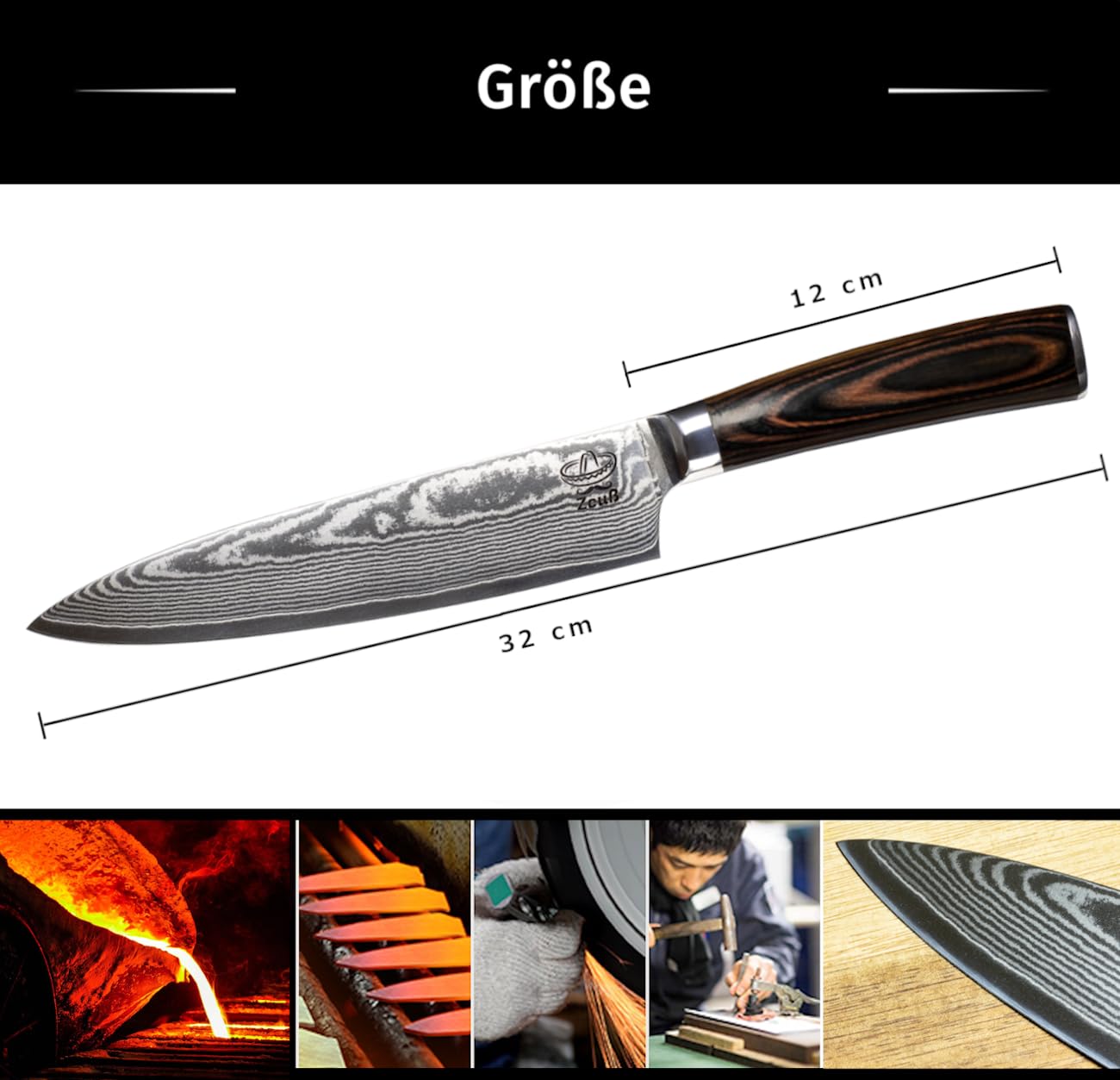 Damastmesser Küchenmesser XL (32cm) TÜV geprüfter 62 HRC Damaststahl aus 67 Lagen I Damast-Küchenmesser Chefmesser Kochmesser mit Schleifstein Holzgriff Geschenkbox und Klingenschutz