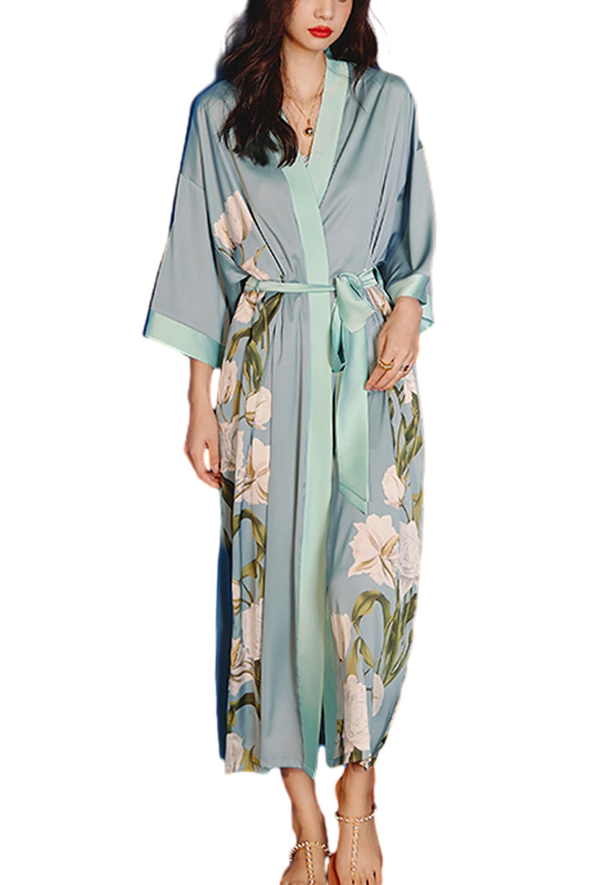 Daiwor Kout Silk Satin Robe for Women Long Japanese Kimono Robe Lightweight Soft Bathrobe Floral Luxury Dressing Gown