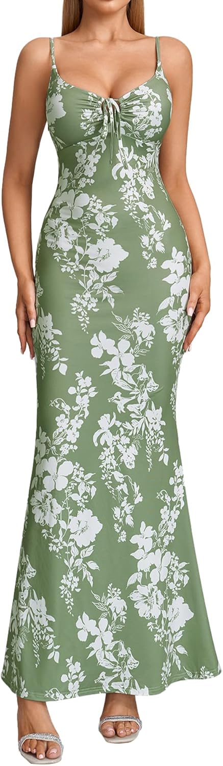 HTZMO Women Floral Summer Wedding Guest Long Dress Bodycon Lace Up Beach Vacation Party Elegant Maxi Dresses