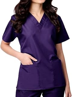 Maevn Womens Unisex V-Neck Two Pocket Scrub Top and Flare Leg Pant Set Purple X-Small