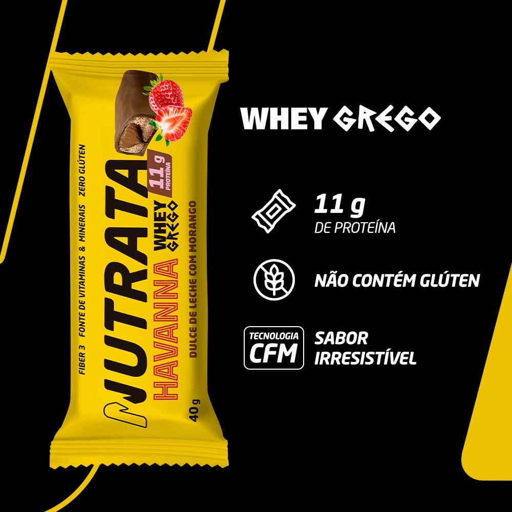 Whey Grego Bar Havanna & Morango - Nutrata Display C/ 12 Barras de 40g