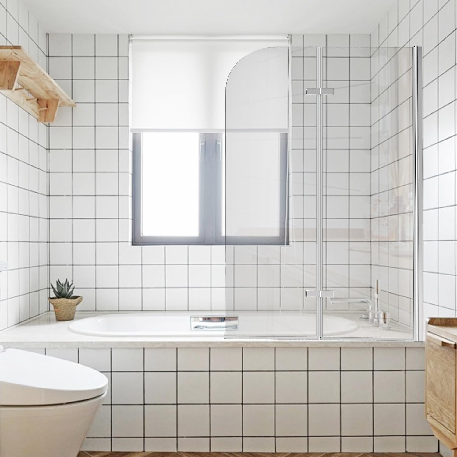 Daromigo Mampara de ducha para bañera, 100 x 140 cm, 2 piezas, plegable, con cristal templado de seguridad de 6 mm, color plateado transparente, con accesorio de bañera
