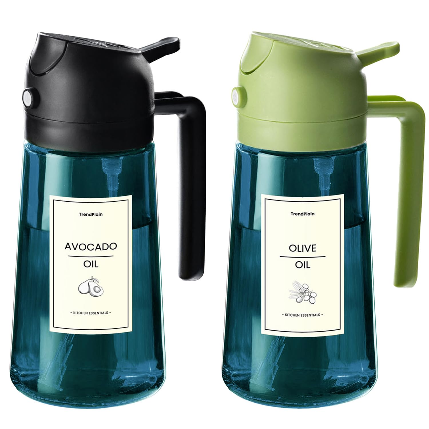 TrendPlain 16oz/470ml Blue Glass Olive Oil Sprayer for Cooking - 2 in 1 Olive Oil Dispenser for Kitchen Gadgets, Air Fryer, Salad, and BBQ - Black & Green
