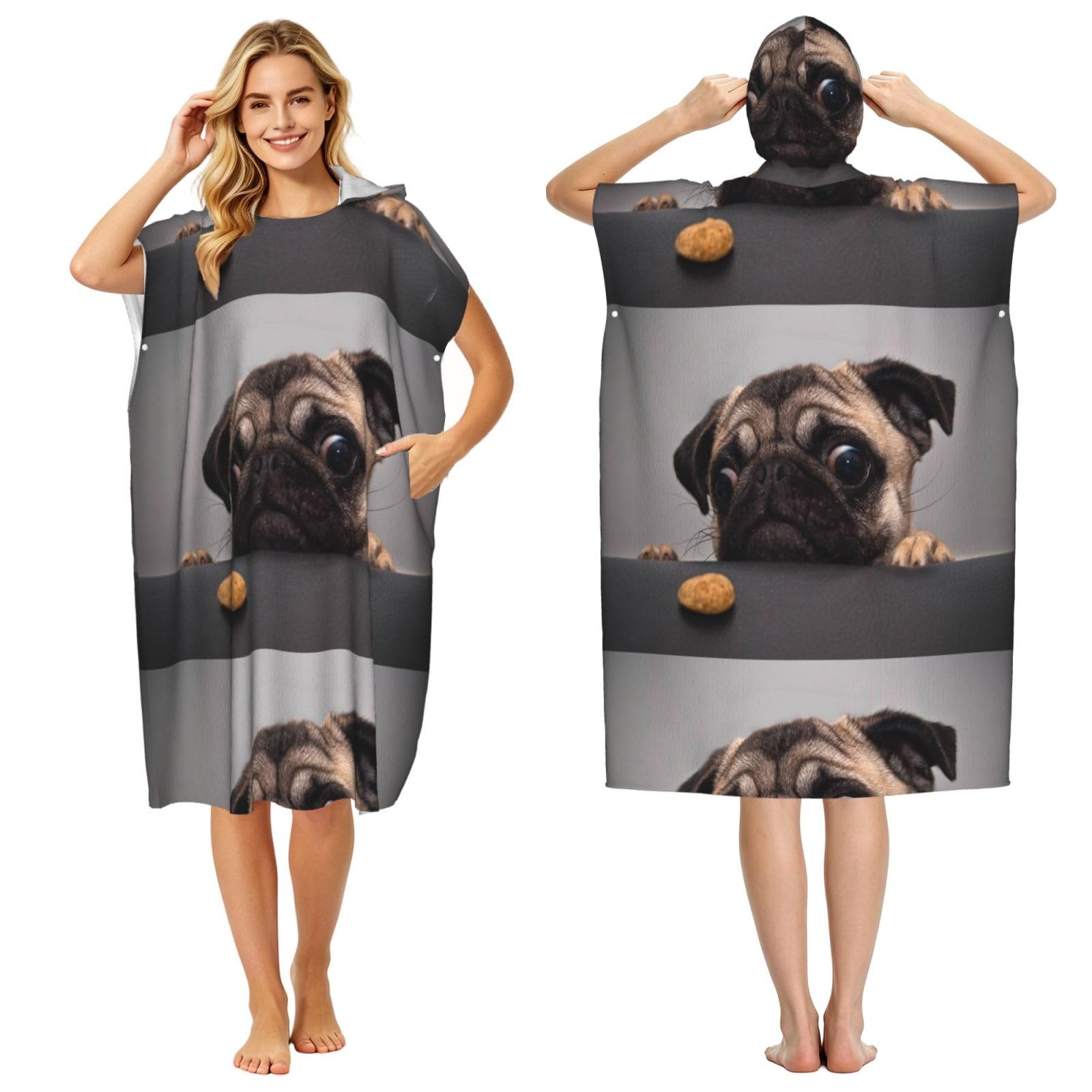 Funny Greedy Dog Pug, Adult Hooded Beach Towel 90 x 110 cm,Changing Bath Robe, Surf Poncho Towel For Women Men