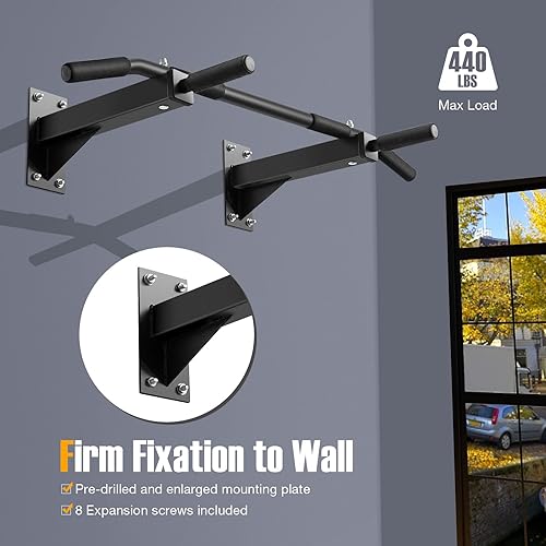 Miniatura 3 de GYMAX Barra de dominadas, barra de dominadas montada en la pared de 440 libras con 3 posiciones de agarre, estación de barra de entrenamiento de