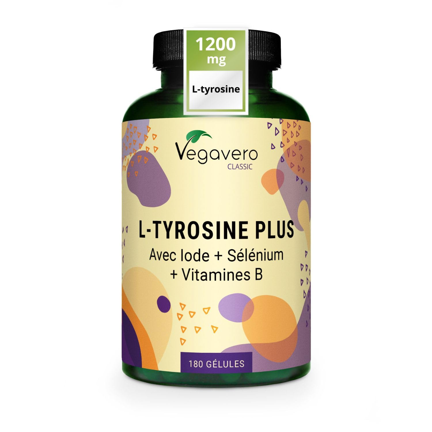 Vegavero L-Tyrosine Plus 1200 mg | THYROIDE* | Avec Iode, Selenium et Vitamine B | Énergie + Fatigue Mentale | 180 Gélules | VEGAN et SANS ADDITIFS