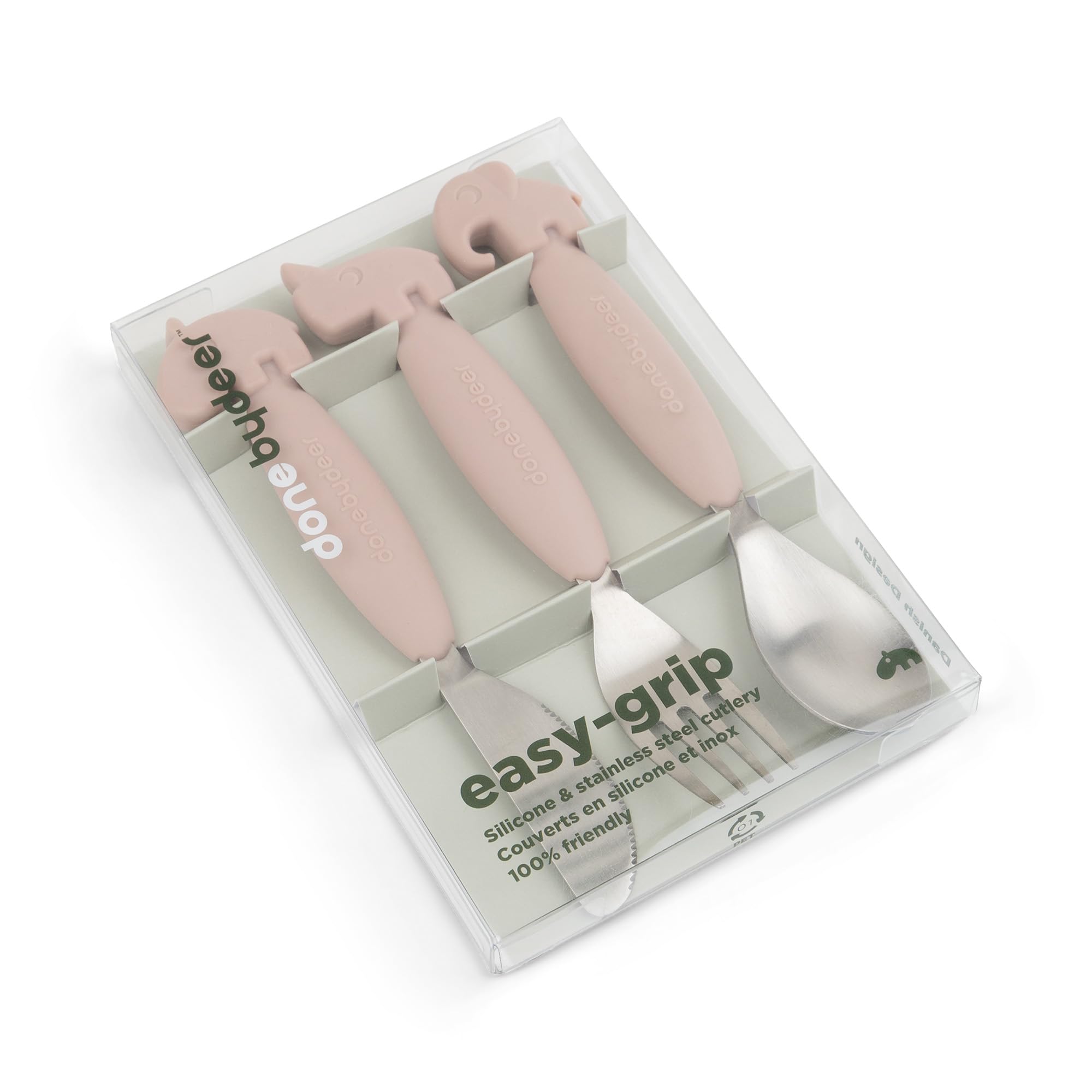 Done by Deer - Set di posate in polvere di Deer Friends, impugnatura facile da impugnare, manici morbidi e antiscivolo, design carino con cervi amici, perfettamente dimensionato per le mani piccole,