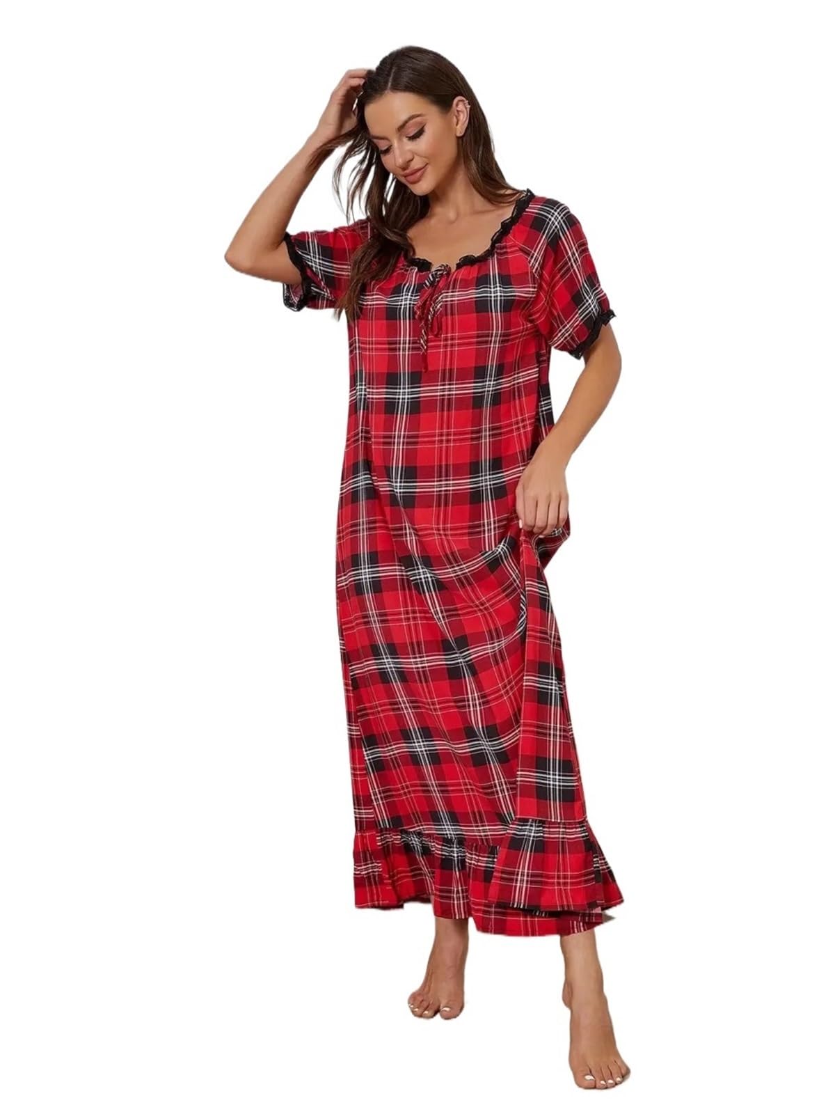 Camicia da Notte Pigiama da Donna con Camicia da Notte da Annodare, Maniche Corte, Pigiama con Orlo Lungo e Volant for la casa per Le Donne(XXL)