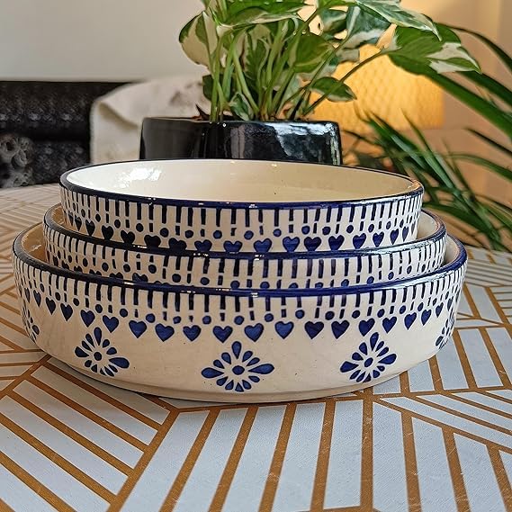 Image of Niyara Stoneware Handmade Ceramic Stylish Premium Serving Bowls, Salad Tray Microwave Dishwasher Safe, Ceramic Flat Serving Bowl Set of 3, Sizes: 600ml, 500ml, 450ml (Salad Chivalry)