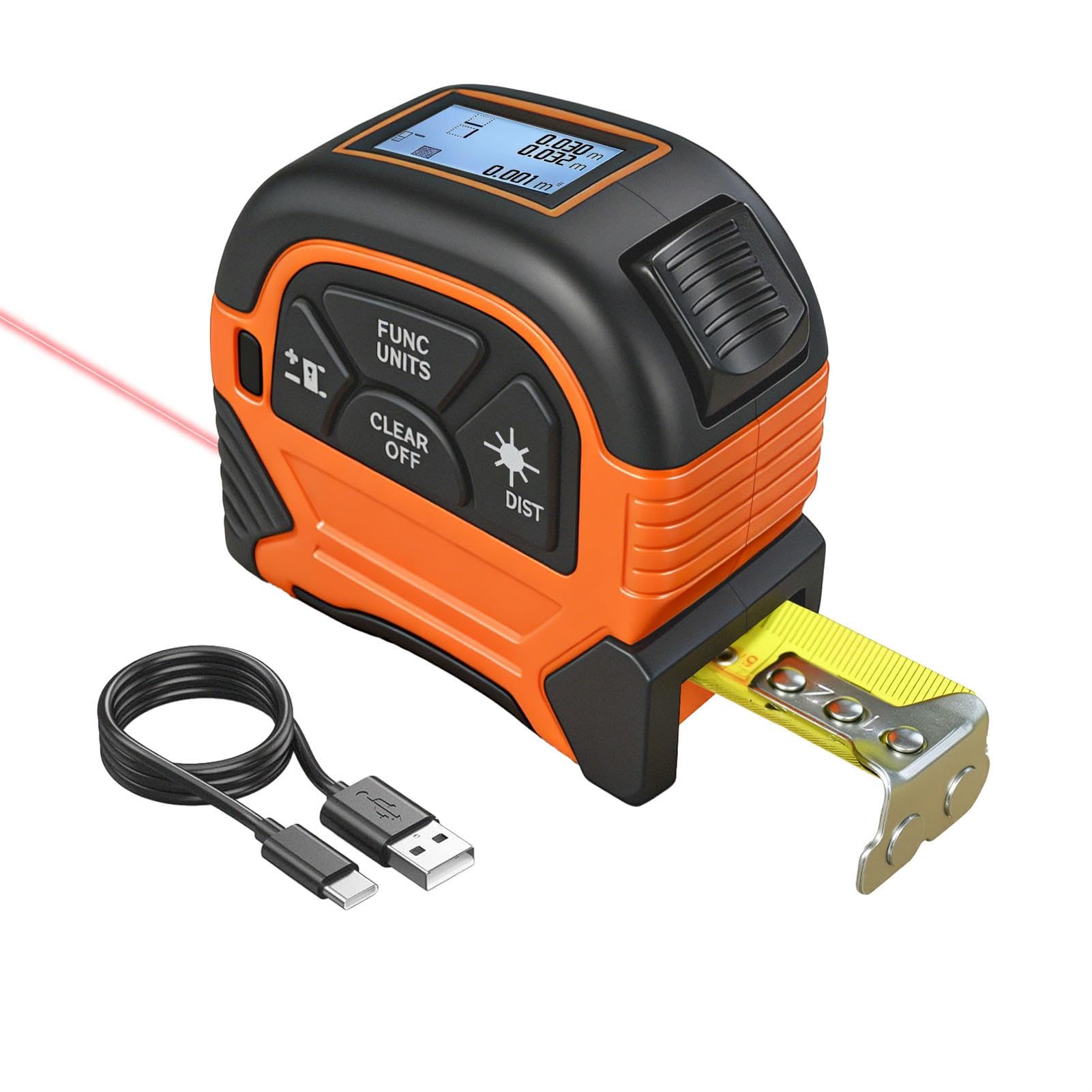 2 in 1 Laser Maßband - ansigtny Laser Entfernungsmesser 60 m & 5 m Maßband mit LCD-Display Unterstützung Pythagoras-Modus, Fläche, Volumen Wiederaufladbares Laser Messgerät für räume (M/in/Ft/Ft+in)