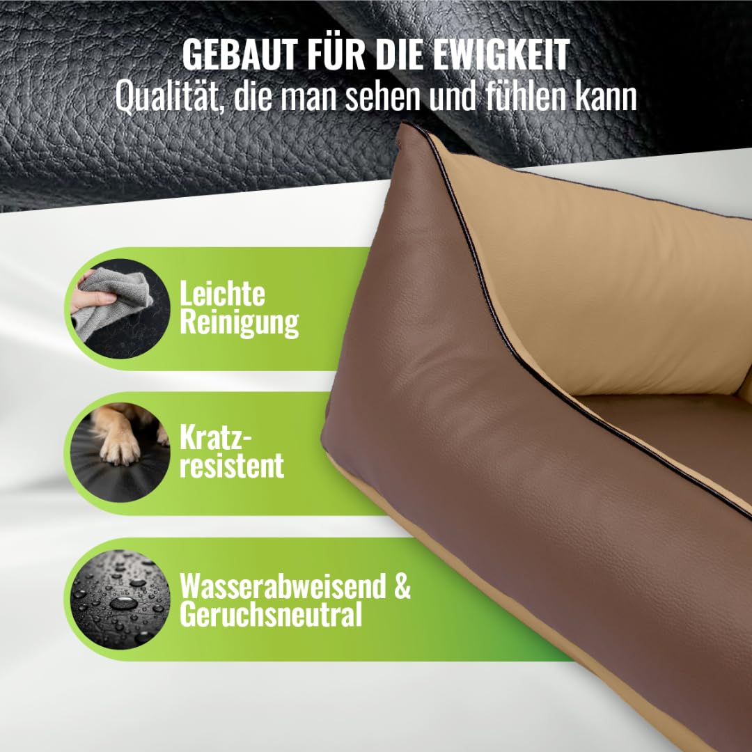 CopcoPet Orthopädisches Hundebett Kunstleder kleine Hunde – Waschbares Hundekissen 【Wendebett】 Hundebett Leder - Formstabiles Hundesofa - Hundekörbchen mit erhöhten Rand, Dog Bed Mocca 70 x 55 cm