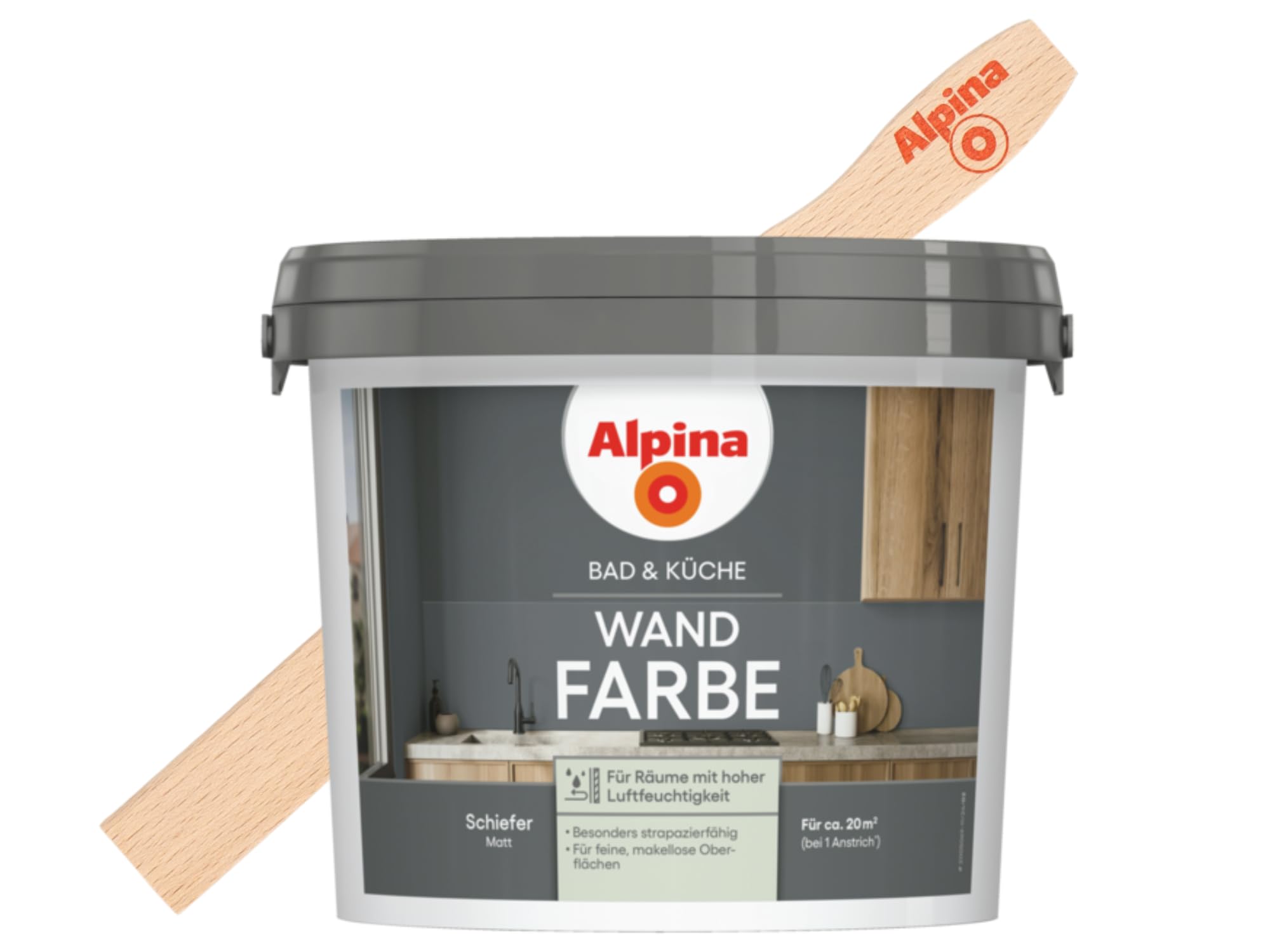 Alpina Bad & Küche Wandfarbe Schiefer matt – inkl. Rührholz – 2,5 Liter