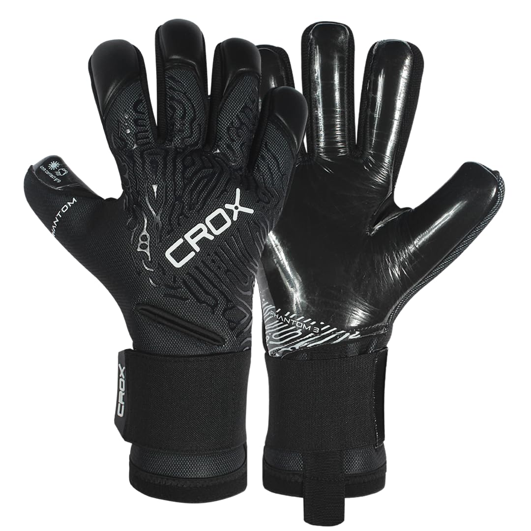 CROX Goalkeeper Gloves Contact Grip German Latex Negative Cut Goalie Gloves Removeable Finger Sticks Football Goalkeeping GK Gloves for Match & Training (Phantom Blackout, SIZE 8, Ambidextrous)