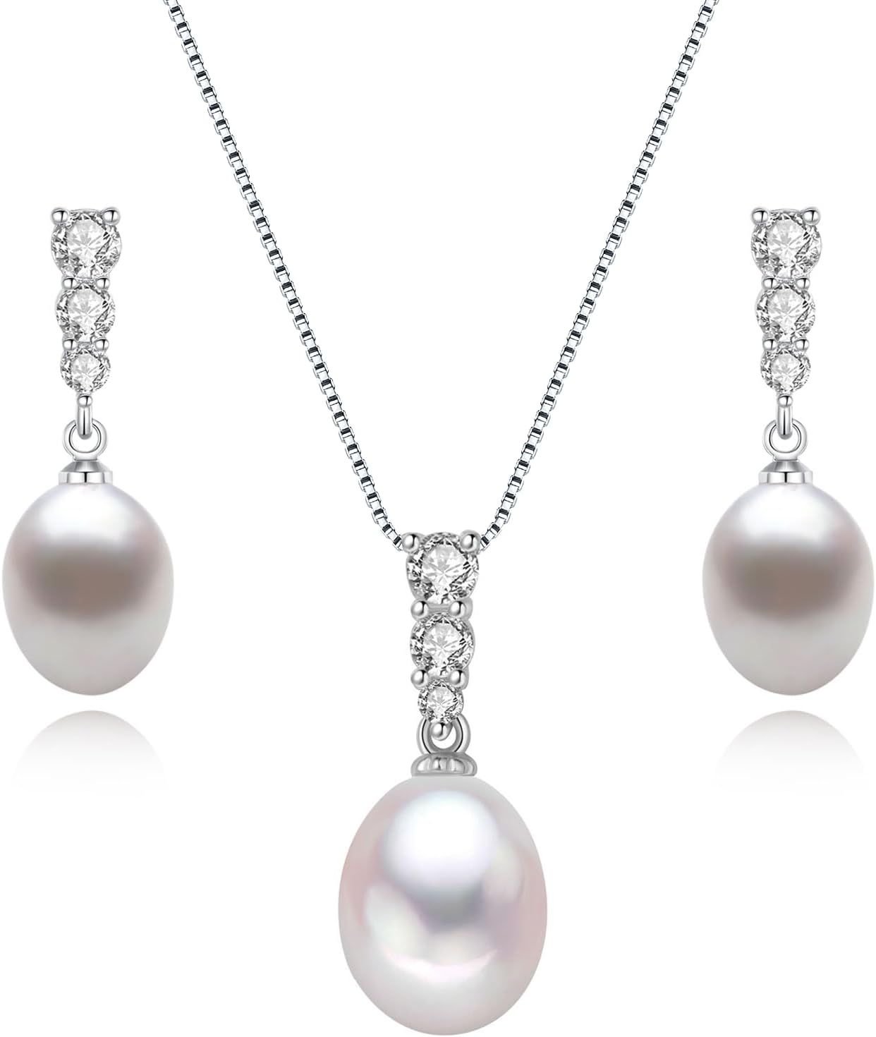 Pearl Necklace and Earrings Set, Saltwater/Freshwater Cultured Pearl 9-10mm, 925 Sterling Silver Drop Set with CZ Diamonds, Luxury Jewelry Gifts for Wife, Mom, Girlfriend