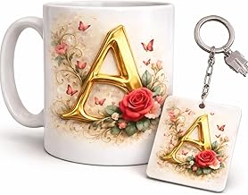 Alphabet A Coffee Mug with Matching Keychain Combo | Golden Letter A Floral Design Ceramic Mug | Personalized Initial Gift for Men Women | Birthday Anniversary Gift | 350 ml