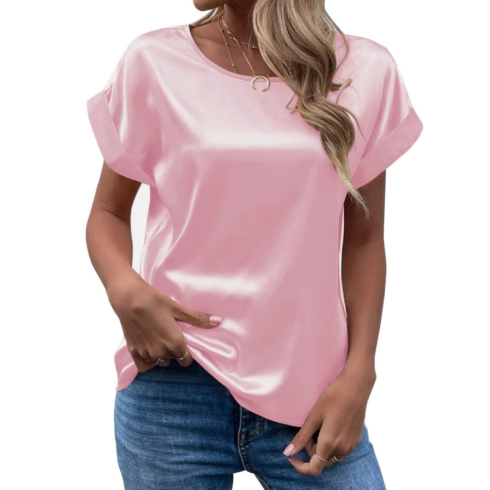 Women's Short Sleeve Satin Blouses Casual Loose Crewneck Silk Shirts Roll Up Sleeve Tunic Tops S-XXL(RD1,XX-Large)
