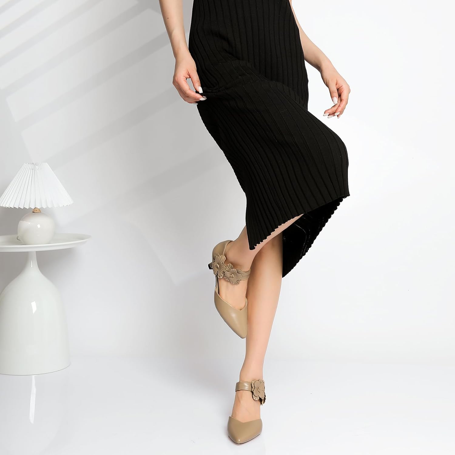 RIBONGZ Black Kitten Heels for Women Low Closed Toe Dressy Pumps Comfortable Slip On Flower Dress Shoes for Wedding Dancing Party Office Work - Image 3