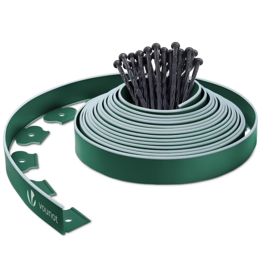 VOUNOT® Plastic Lawn Edging Border with 30 Ground Anchors, 10m Flexible Garden Edging Strip for Grass, Paths, Gravel or Flower Beds, Weatherproof Landscape Border, 5cm High, Green & Green Outline Edge
