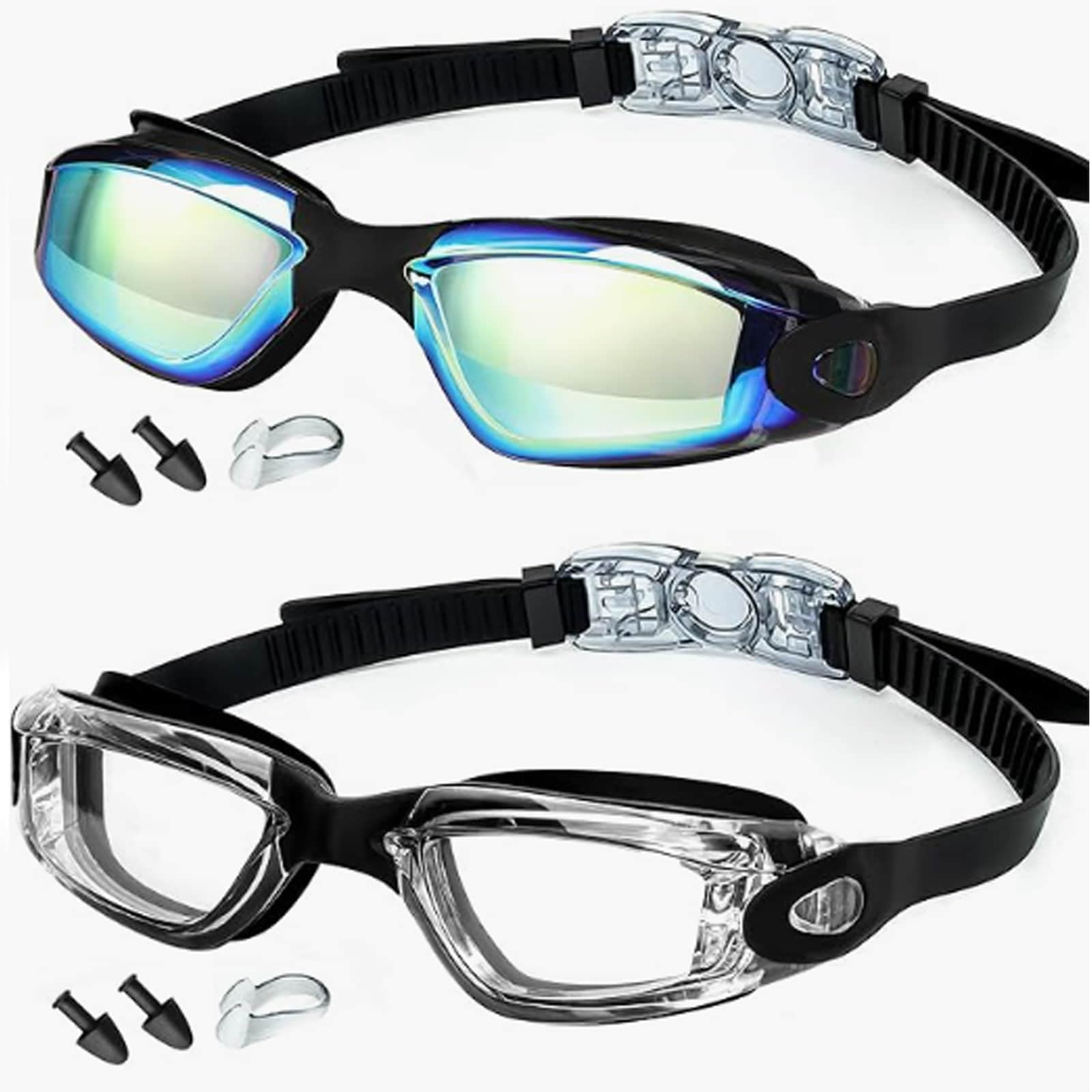 LMFERVER Swimming Goggles for Unisex Adult, 2 Packs Crystal Clear Swim Goggles with No Leaking, Anti Fog, UV Protection for Men, Women (Blue + Transparent)
