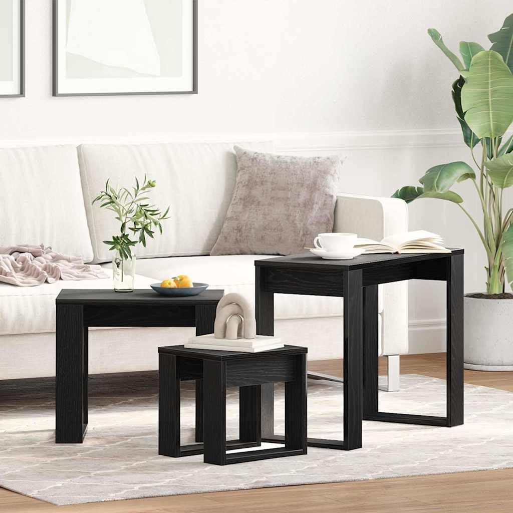 SXZenSpace Nesting Tables 3 pcs Black Oak 61 x 28 47 cm Engineered Wood Space-Saving Occasional Table Set Modern Slim Side Living Room Bedroom Corridor