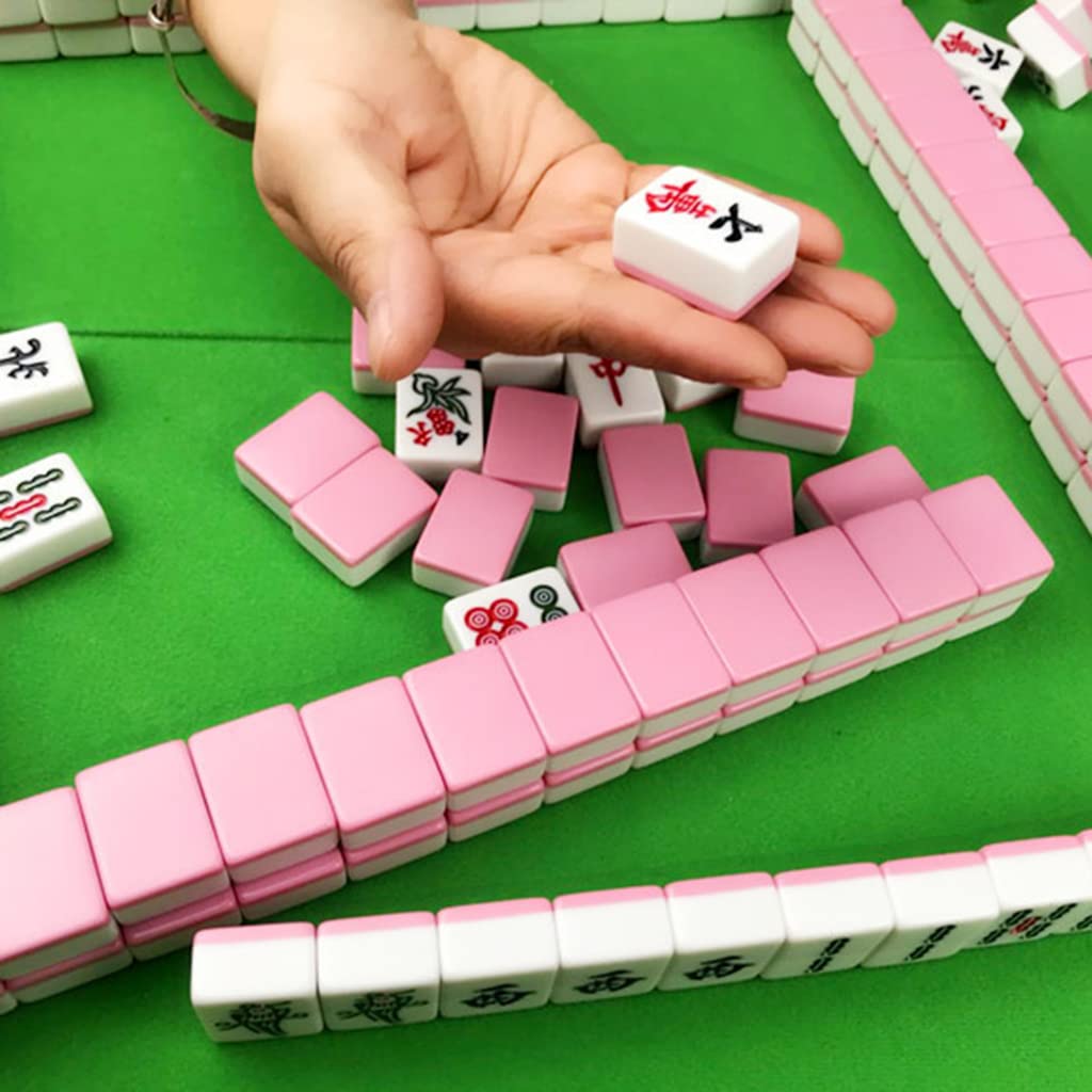 Chiński Mahjong，Mini Mahjong Tradycyjny， 144 kafelki melaminowe z obrusem i linijką do kart przenośny zestaw gier podróżnych Majhong(Roze)