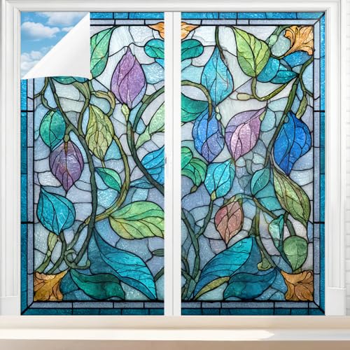 Rustic Floral Stained Glass Window Film, Colored Mosaic Botanical Peel