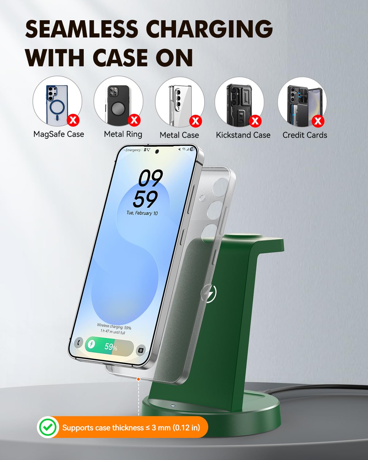 15W Fast Wireless Charger for Samsung: 3-in-1 Charging Station for Samsung S26/S25/S24/S23/S22, Note 20/10, Z Fold 6/5, Galaxy Buds 4/3/2 Pro, Galaxy Watch Ultra/8/7/6/5,Dark Green