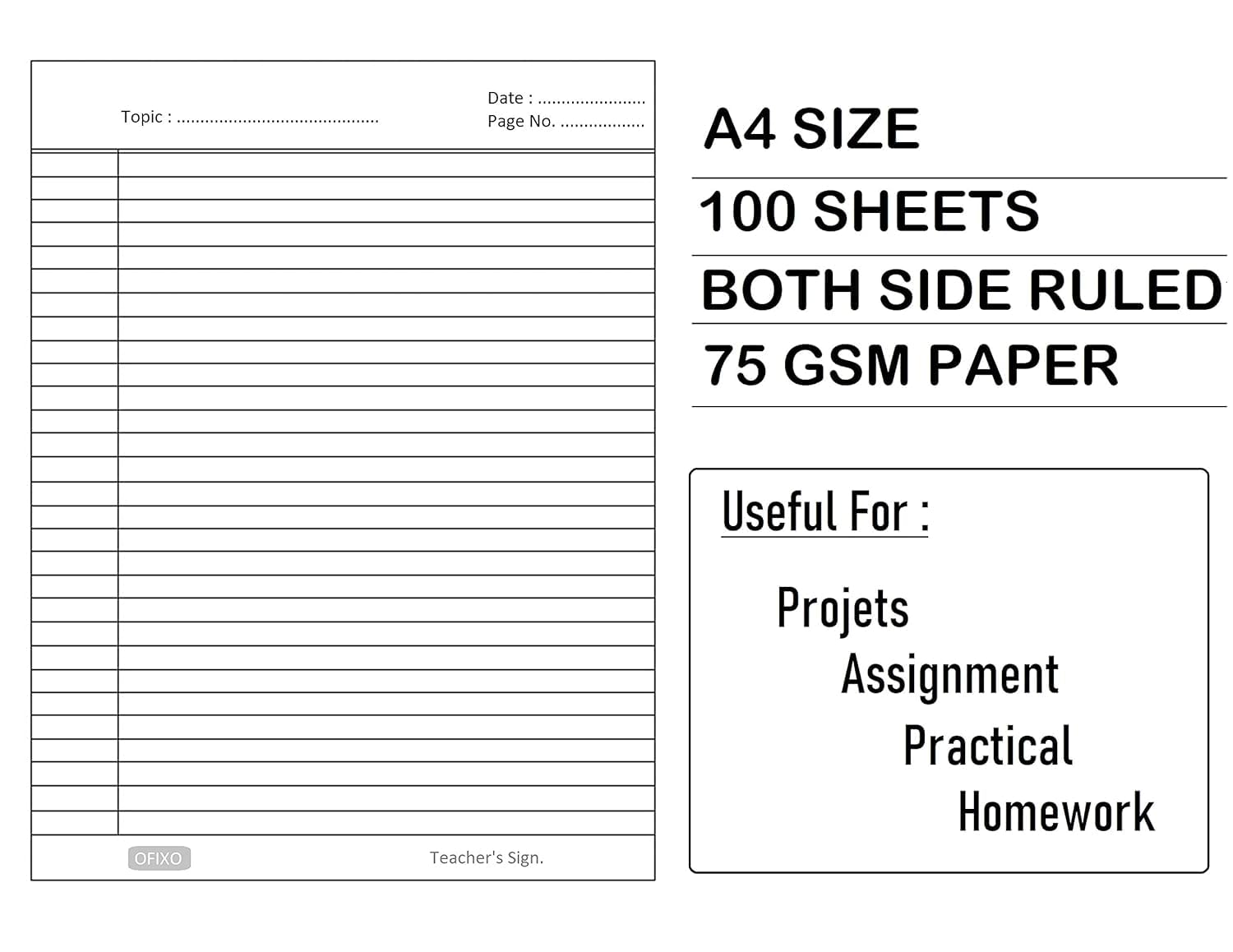 OFIXO Classroom & Craft Essentials Combo | Hojas rayadas A4 a ambos lados (100 hojas) y hojas de colores surtidos A4 (100 piezas) - Ideal para la escuela, oficina, notas y proyectos creativos
