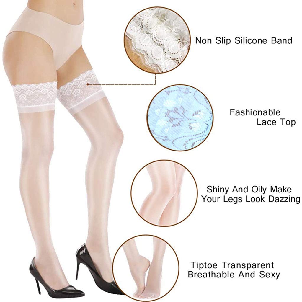 Medias de mujer, medias altas de seda transparente hasta el muslo, medias suaves hasta el muslo con parte superior de encaje, medias de silicona antideslizantes ultrabrillantes, blancas, 1 par (tall